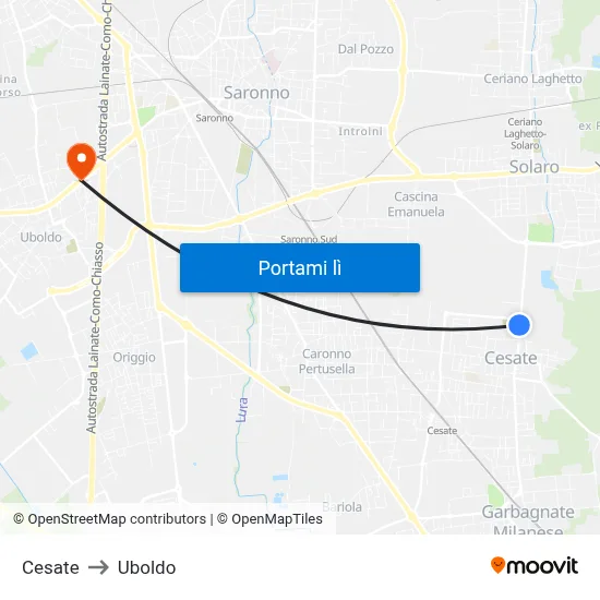 Cesate to Uboldo map