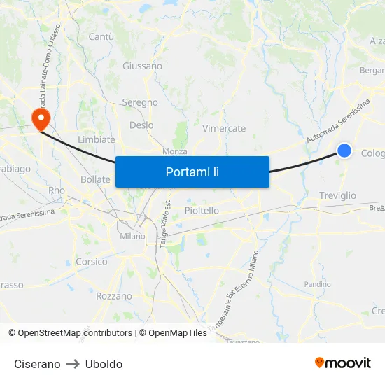 Ciserano to Uboldo map