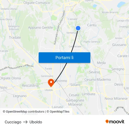 Cucciago to Uboldo map