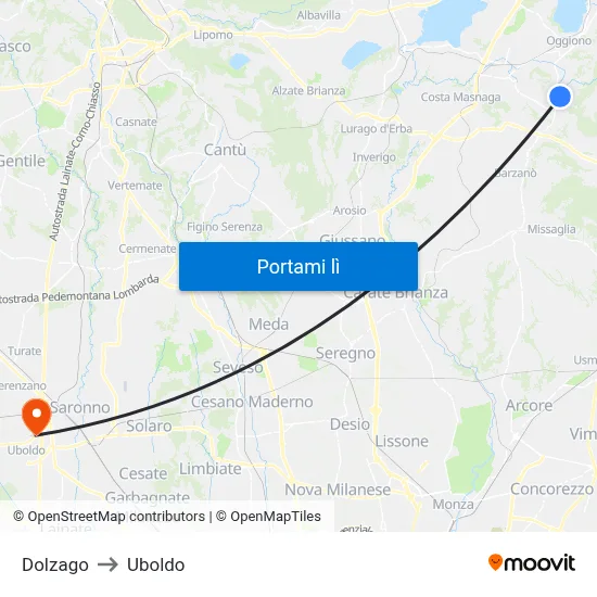 Dolzago to Uboldo map