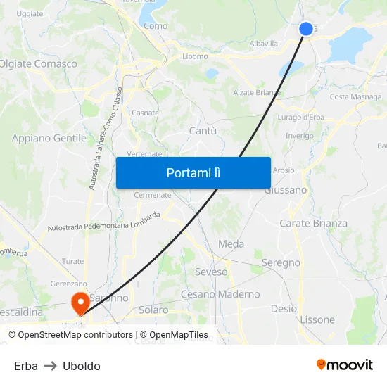 Erba to Uboldo map