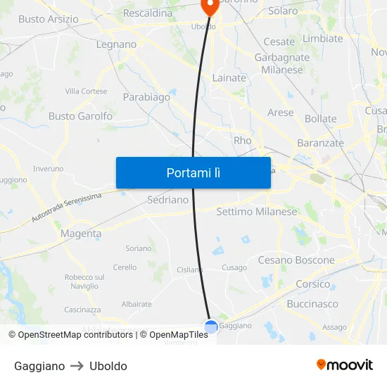 Gaggiano to Uboldo map