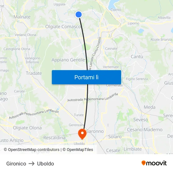 Gironico to Uboldo map
