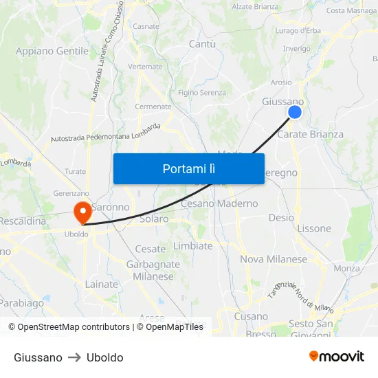 Giussano to Uboldo map