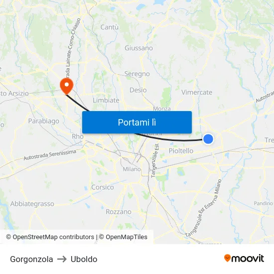 Gorgonzola to Uboldo map