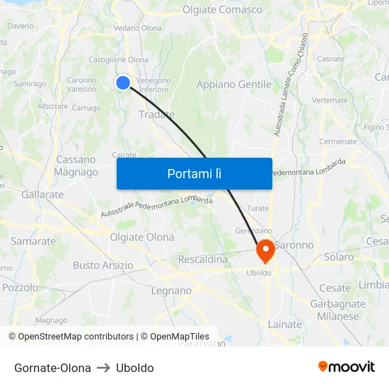 Gornate-Olona to Uboldo map