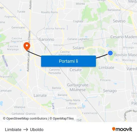 Limbiate to Uboldo map
