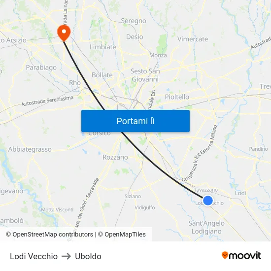 Lodi Vecchio to Uboldo map