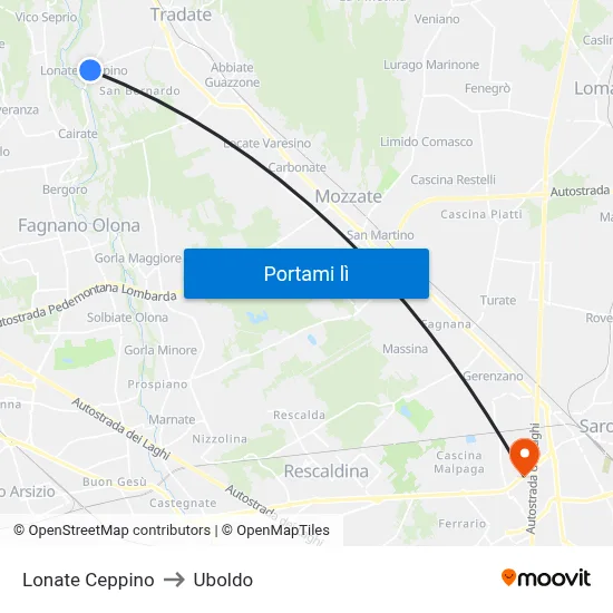 Lonate Ceppino to Uboldo map
