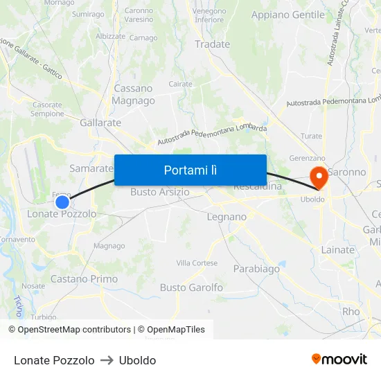Lonate Pozzolo to Uboldo map