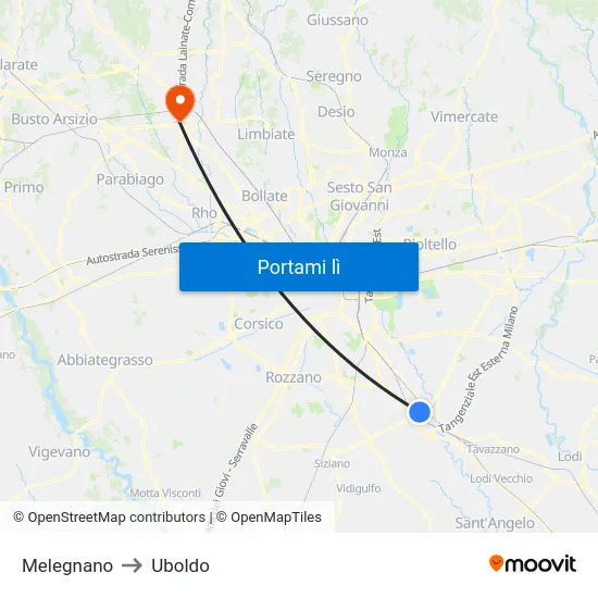 Melegnano to Uboldo map