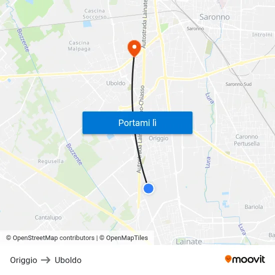 Origgio to Uboldo map