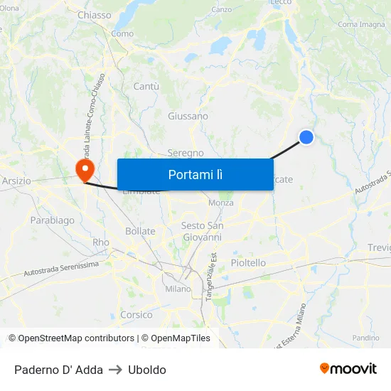 Paderno D' Adda to Uboldo map