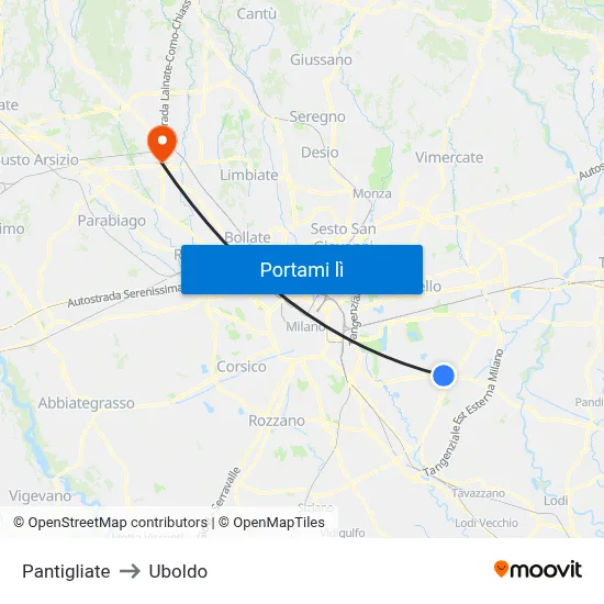 Pantigliate to Uboldo map