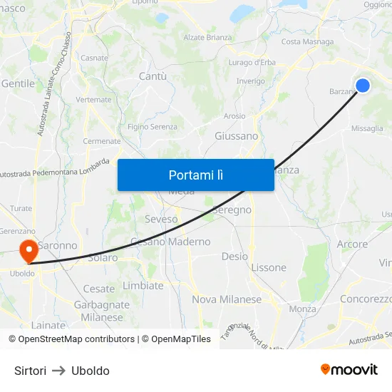 Sirtori to Uboldo map