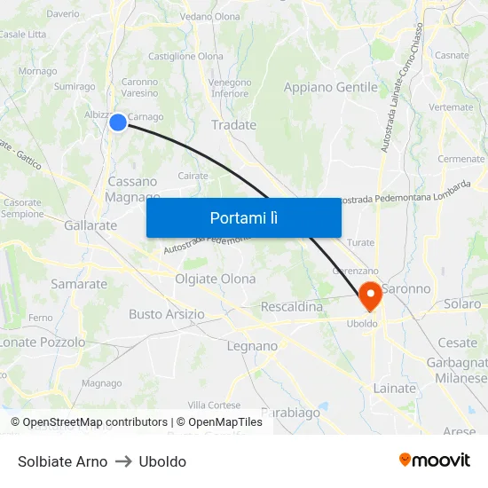 Solbiate Arno to Uboldo map