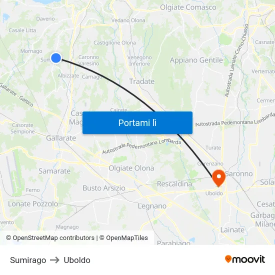 Sumirago to Uboldo map