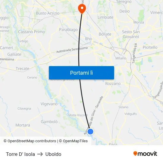 Torre D' Isola to Uboldo map