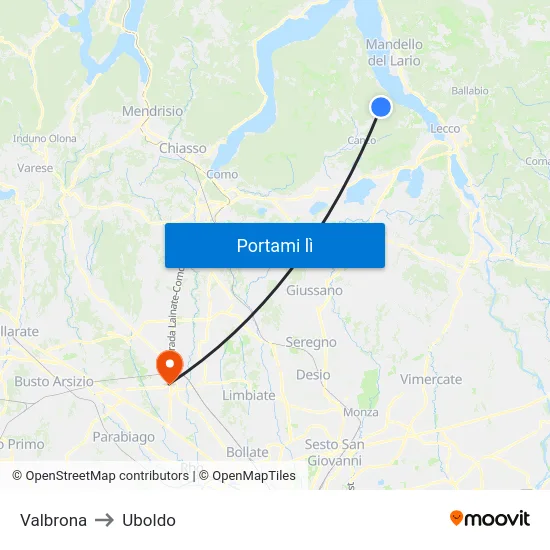 Valbrona to Uboldo map