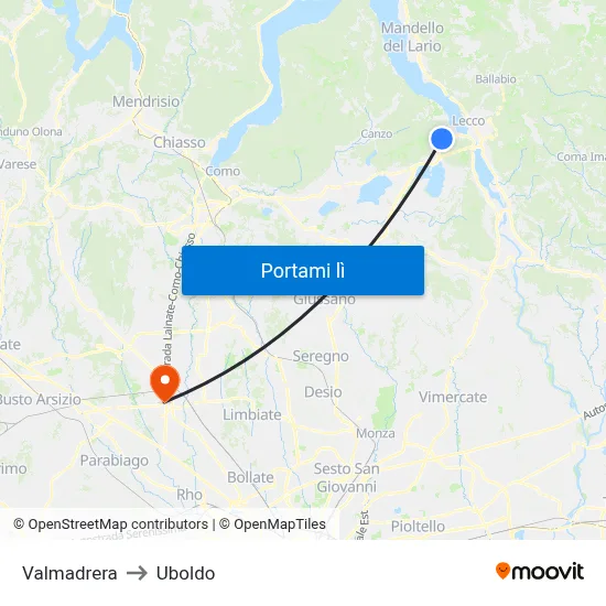 Valmadrera to Uboldo map