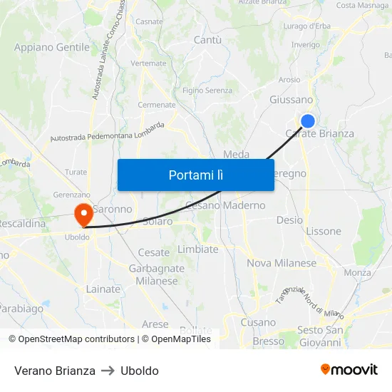 Verano Brianza to Uboldo map