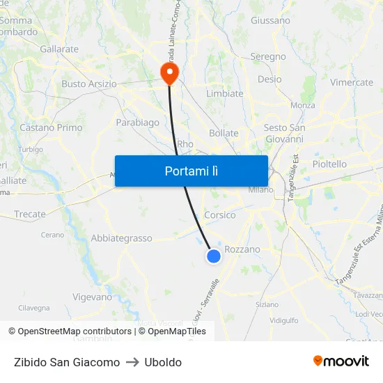 Zibido San Giacomo to Uboldo map