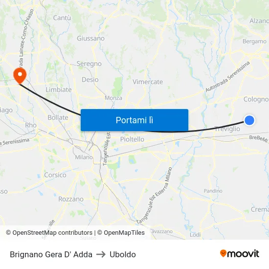Brignano Gera D' Adda to Uboldo map