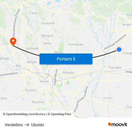 Verdellino to Uboldo map