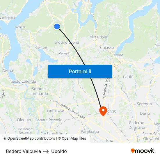 Bedero Valcuvia to Uboldo map
