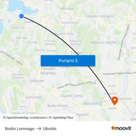 Bodio Lomnago to Uboldo map