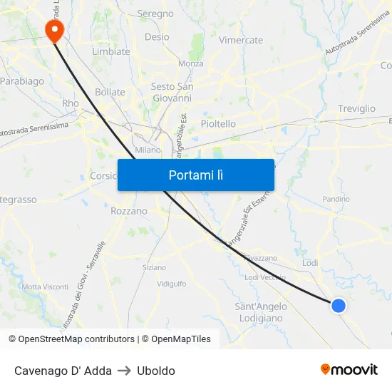 Cavenago D' Adda to Uboldo map
