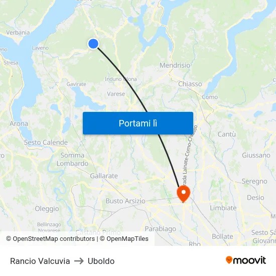 Rancio Valcuvia to Uboldo map