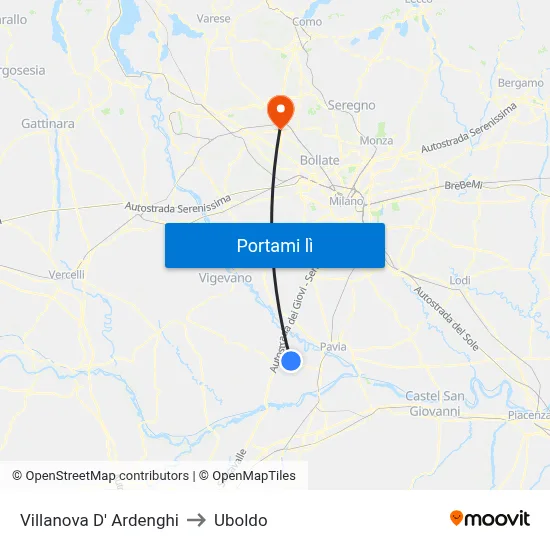 Villanova D' Ardenghi to Uboldo map
