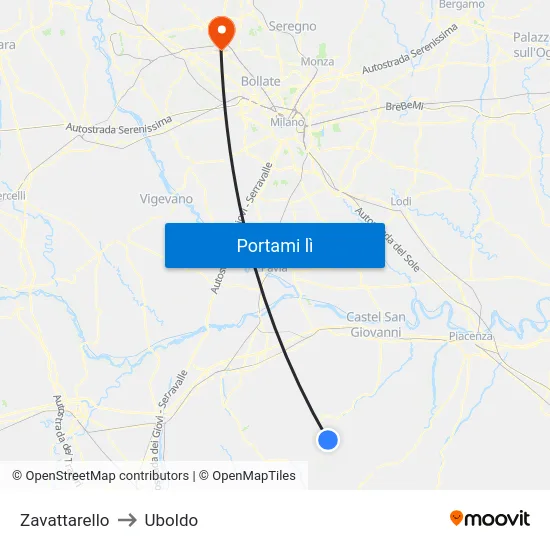 Zavattarello to Uboldo map