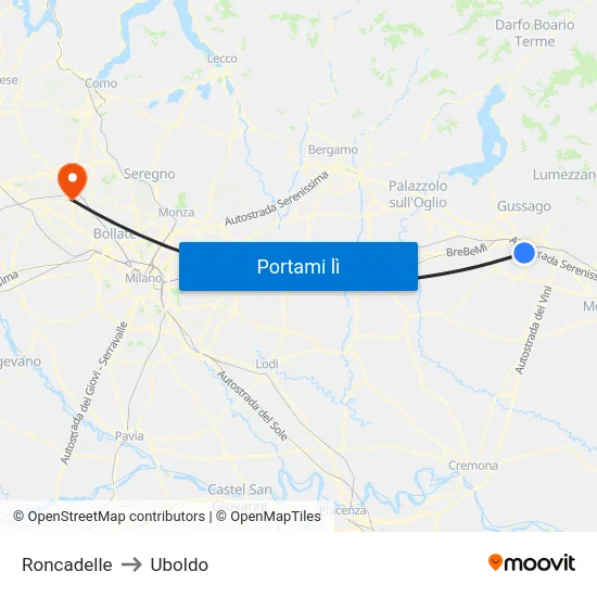 Roncadelle to Uboldo map