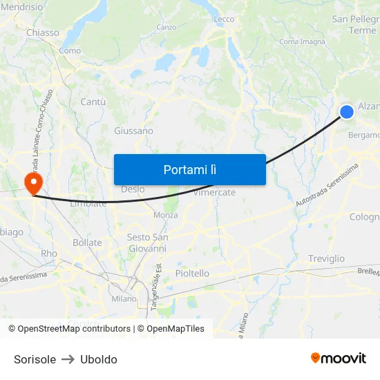 Sorisole to Uboldo map