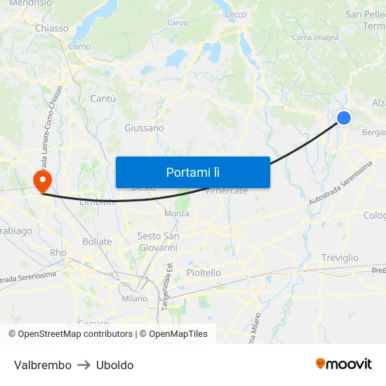 Valbrembo to Uboldo map