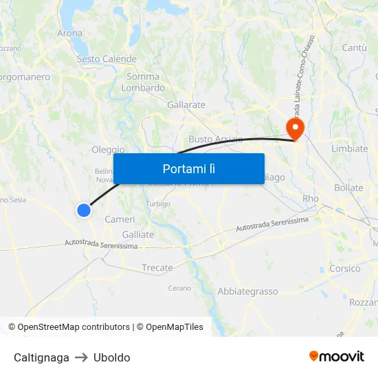 Caltignaga to Uboldo map