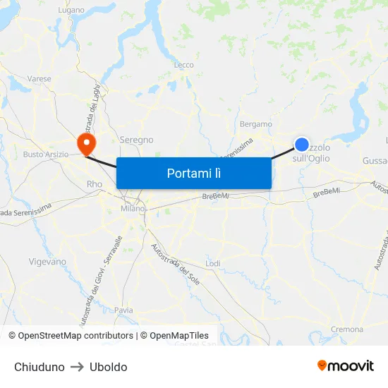 Chiuduno to Uboldo map