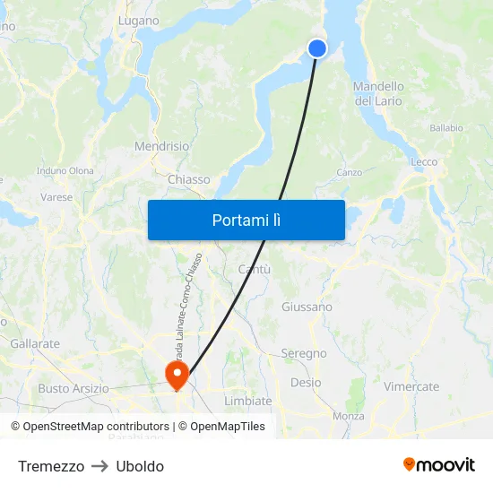 Tremezzo to Uboldo map