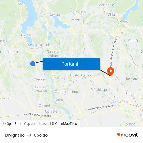 Divignano to Uboldo map
