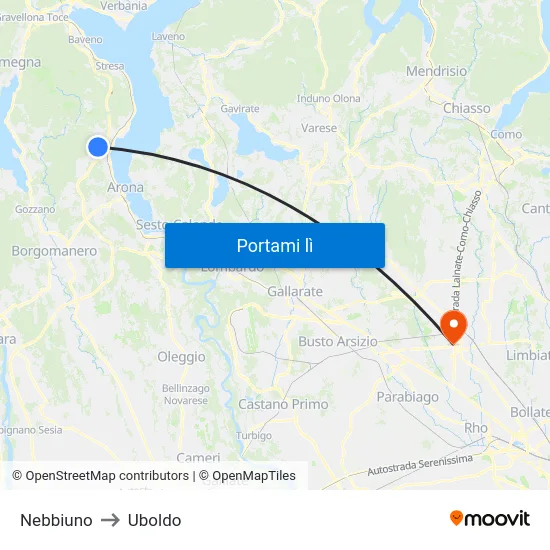 Nebbiuno to Uboldo map