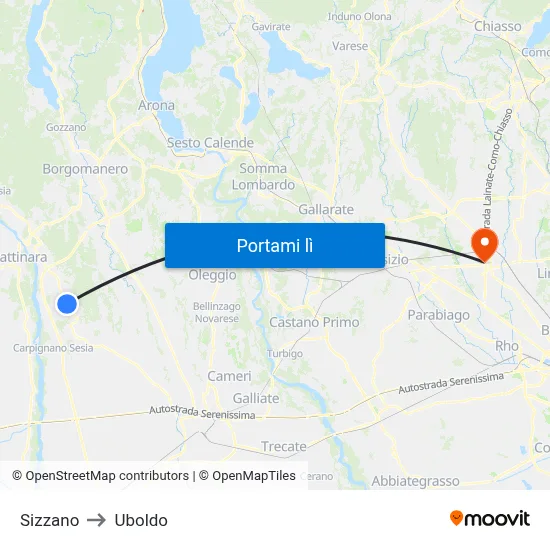Sizzano to Uboldo map