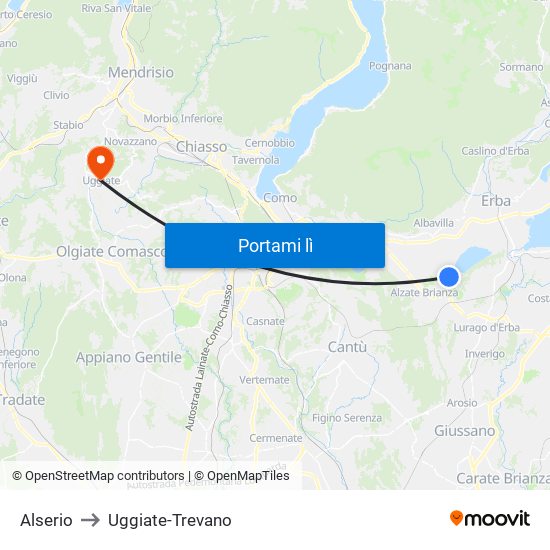 Alserio to Uggiate-Trevano map