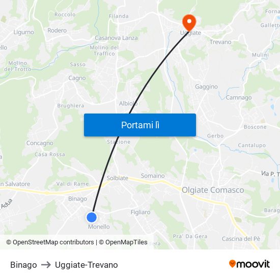 Binago to Uggiate-Trevano map