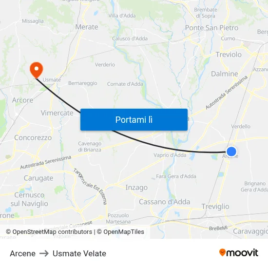 Arcene to Usmate Velate map