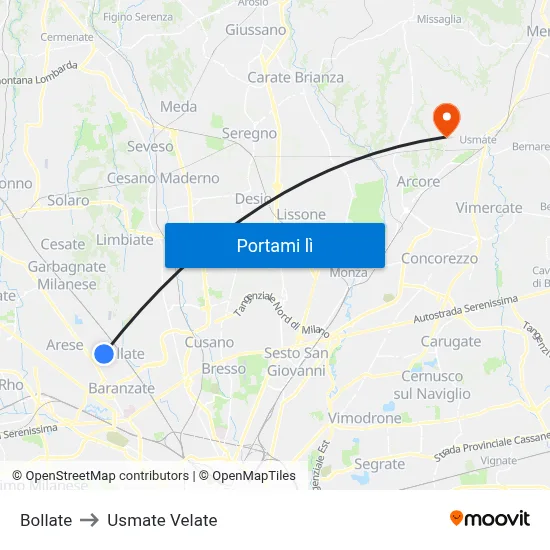 Bollate to Usmate Velate map