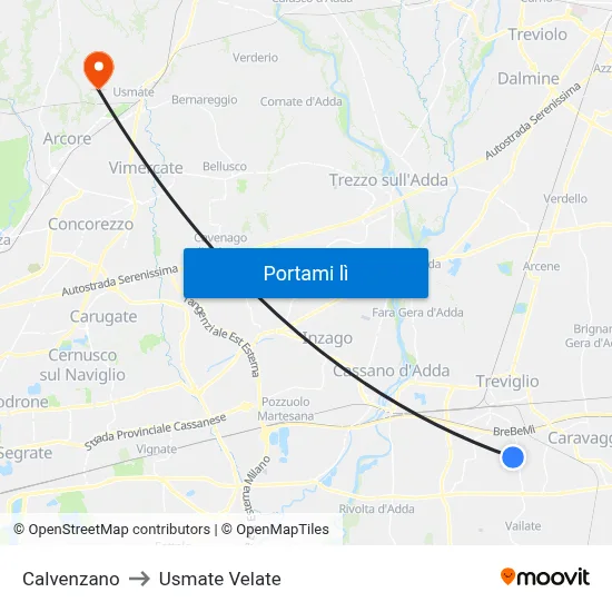 Calvenzano to Usmate Velate map