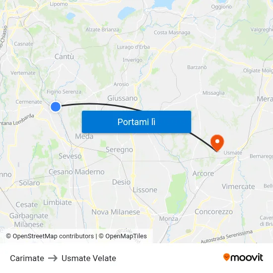 Carimate to Usmate Velate map