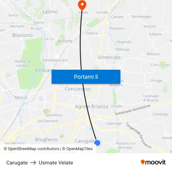 Carugate to Usmate Velate map